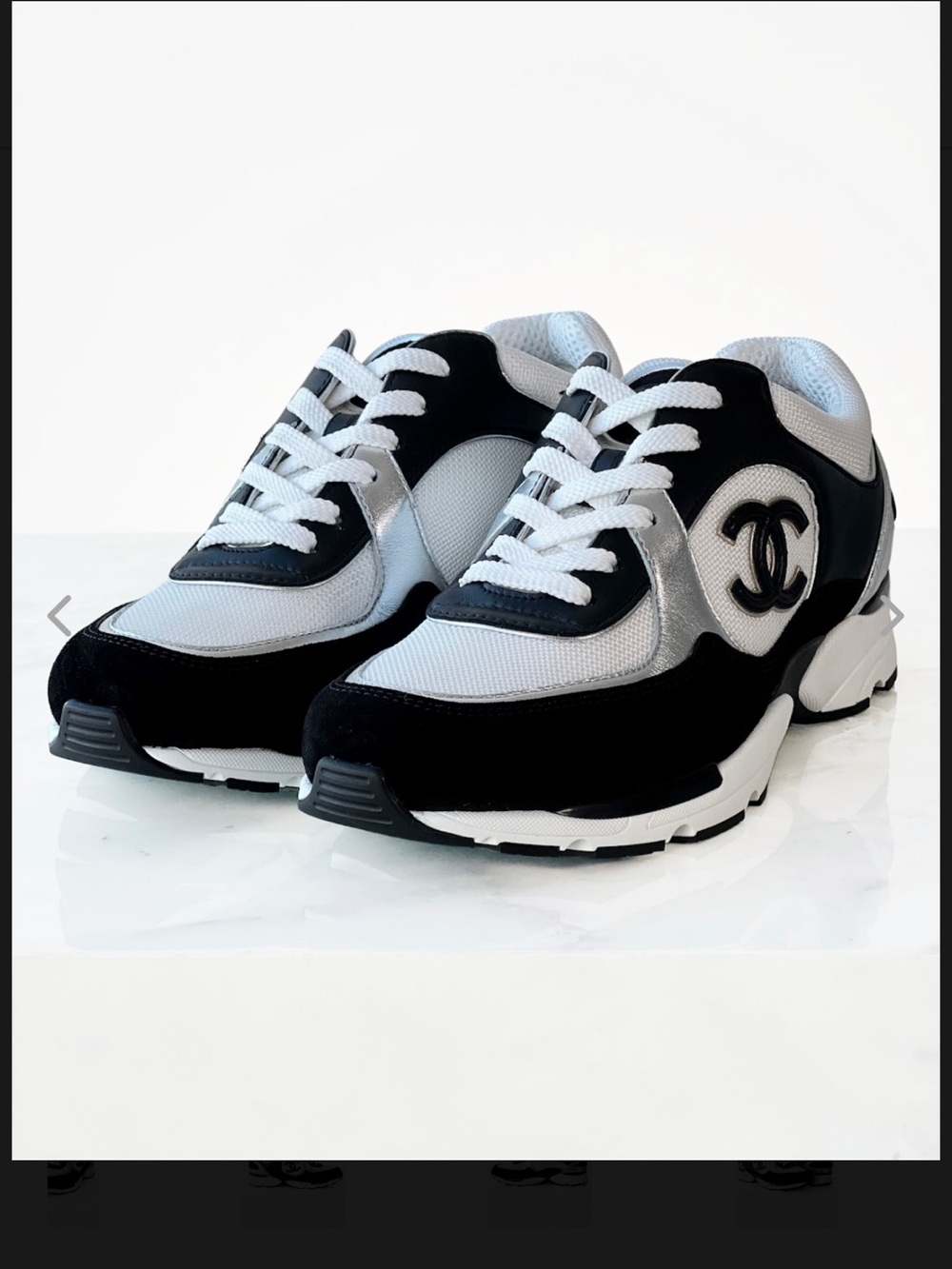 CHANEL Black White Silver CC Logo Runner Sneakers